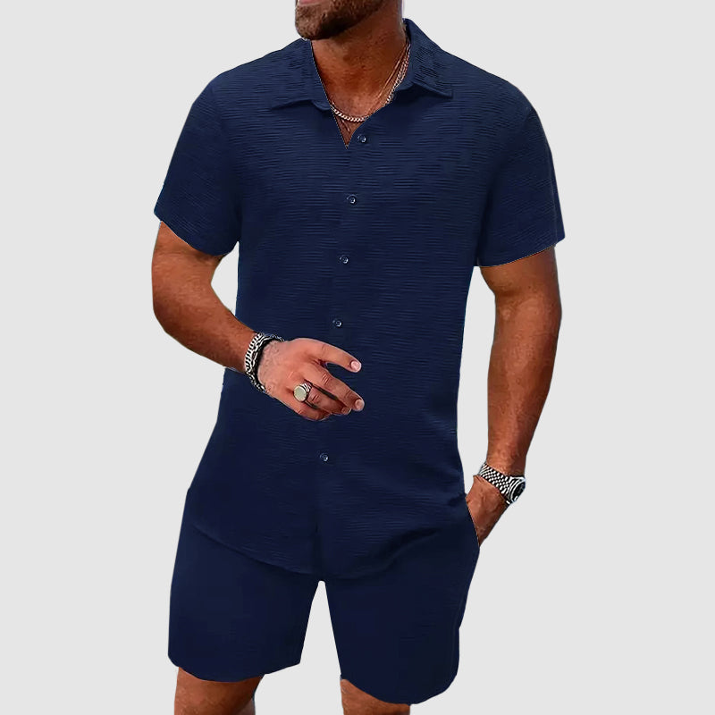 Men's Relaxed Shirt and Shorts Set with Button Closure