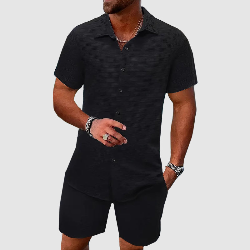 Men's Relaxed Shirt and Shorts Set with Button Closure
