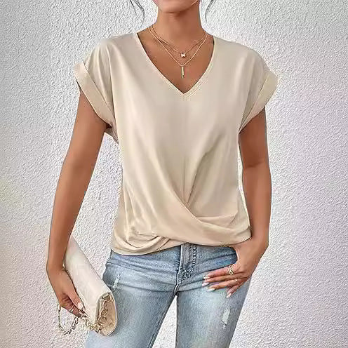 Women's Relaxed Knit Top with Twist-Front V-Neck