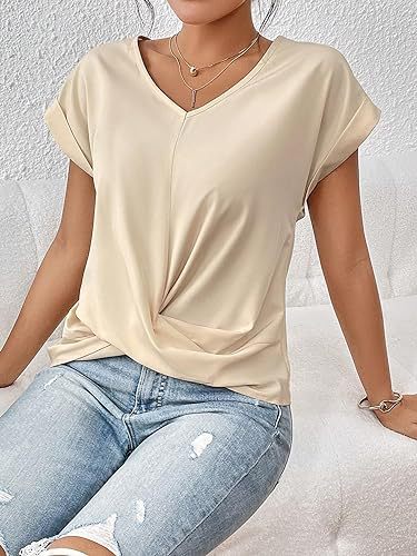 Women's Relaxed Knit Top with Twist-Front V-Neck