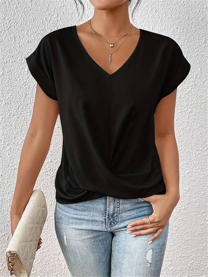 Women's Relaxed Knit Top with Twist-Front V-Neck