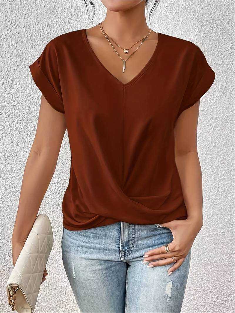 Women's Relaxed Knit Top with Twist-Front V-Neck