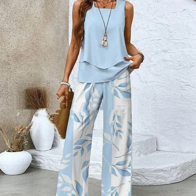 Women's Relaxed Two-Piece Set with Wide-Leg Pants