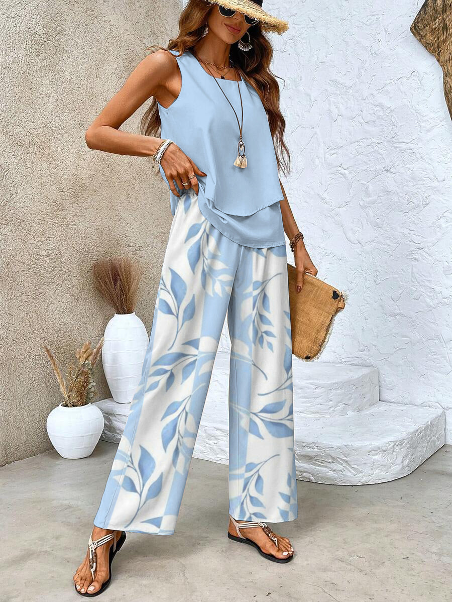 Women's Relaxed Two-Piece Set with Wide-Leg Pants