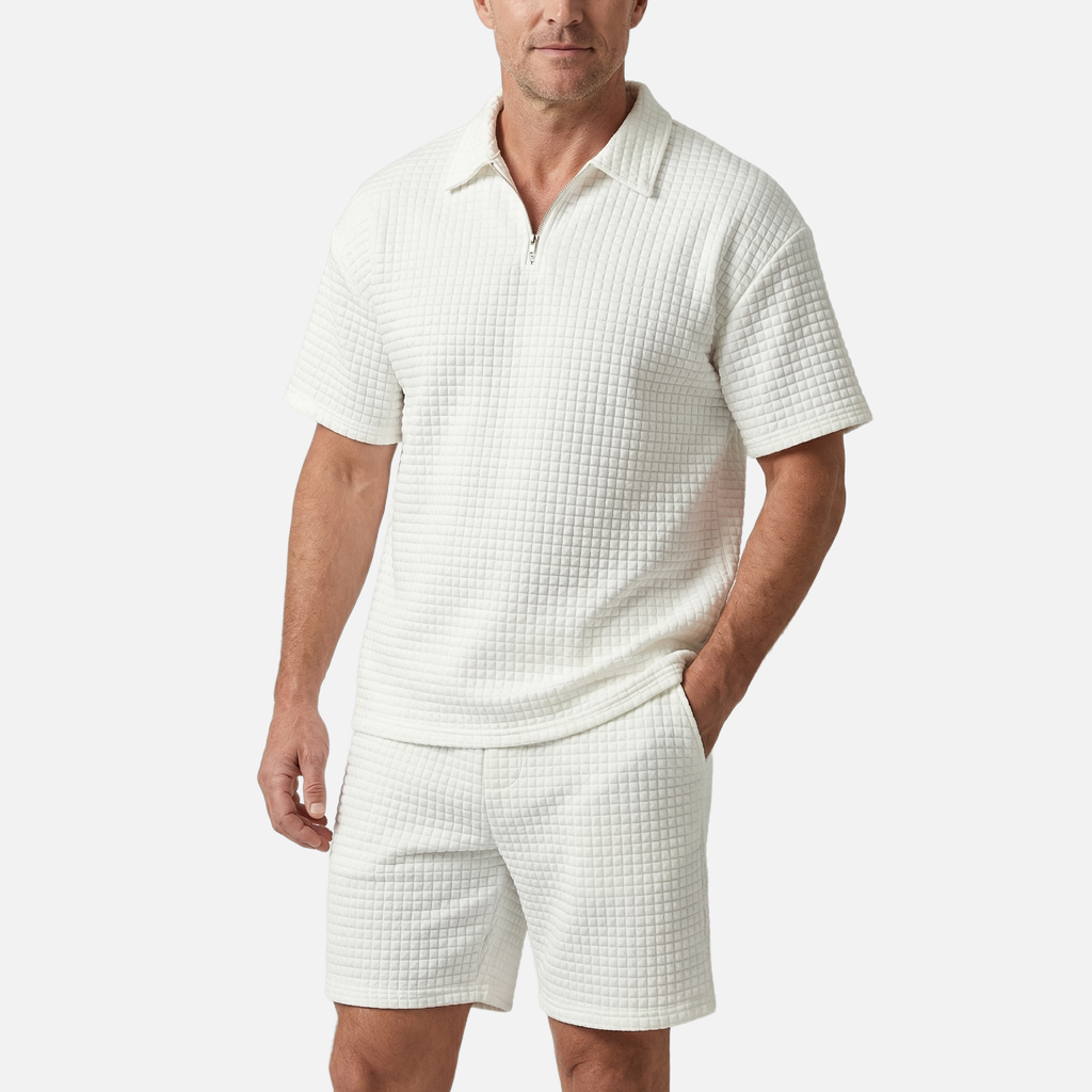 Men's Relaxed Waffle Knit Loungewear Set with Quarter-Zip