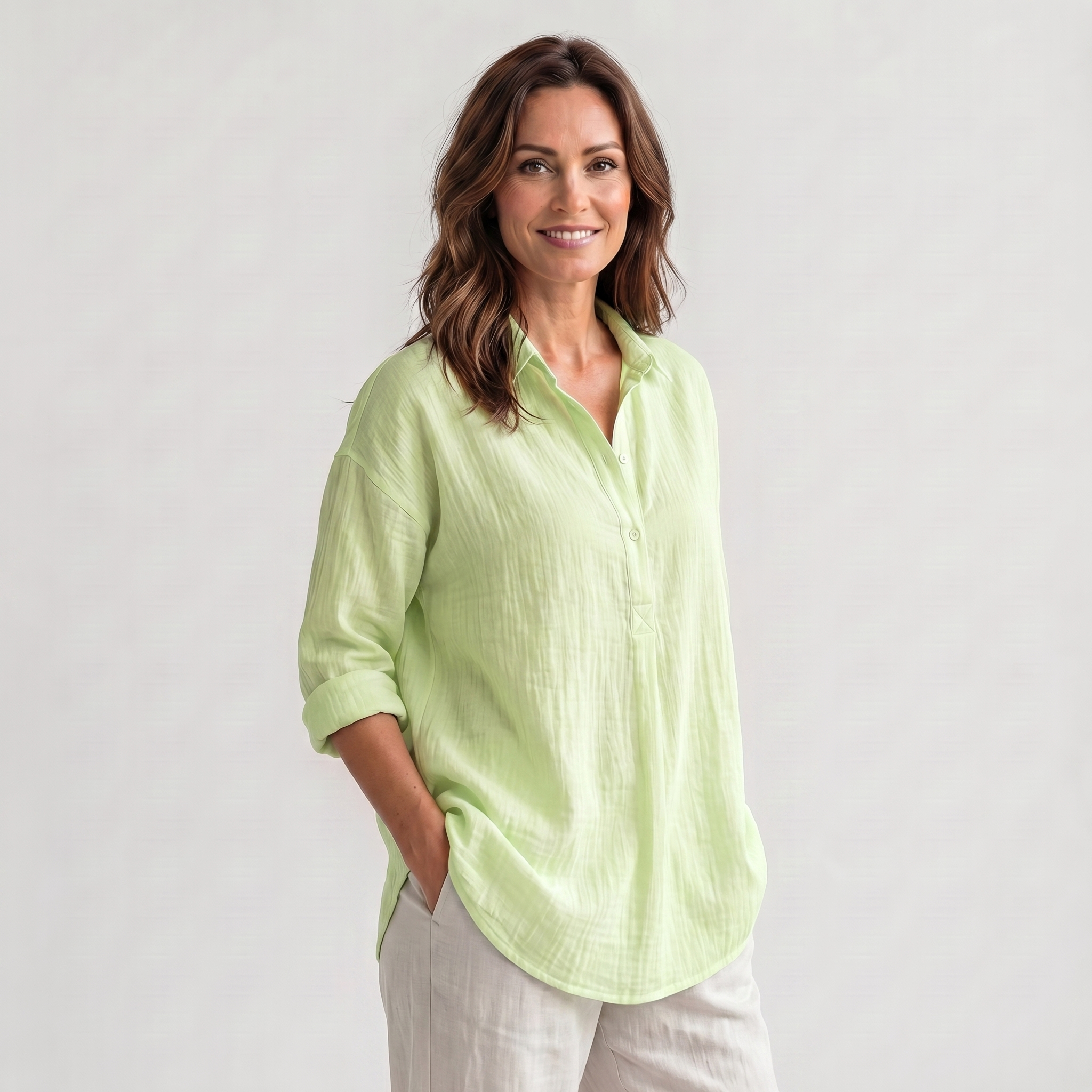 Women's Linen Blend Pullover Shirt with Lapel Collar