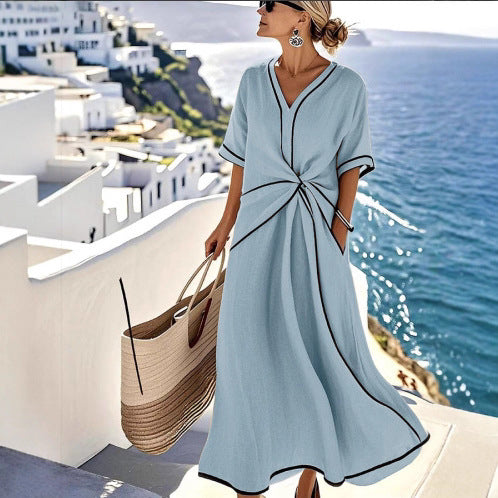 Women's Linen Maxi Dress with Twist Front Detail