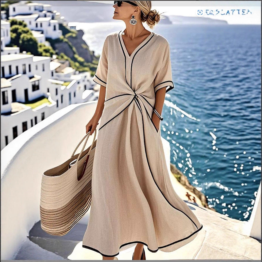 Women's Linen Maxi Dress with Twist Front Detail