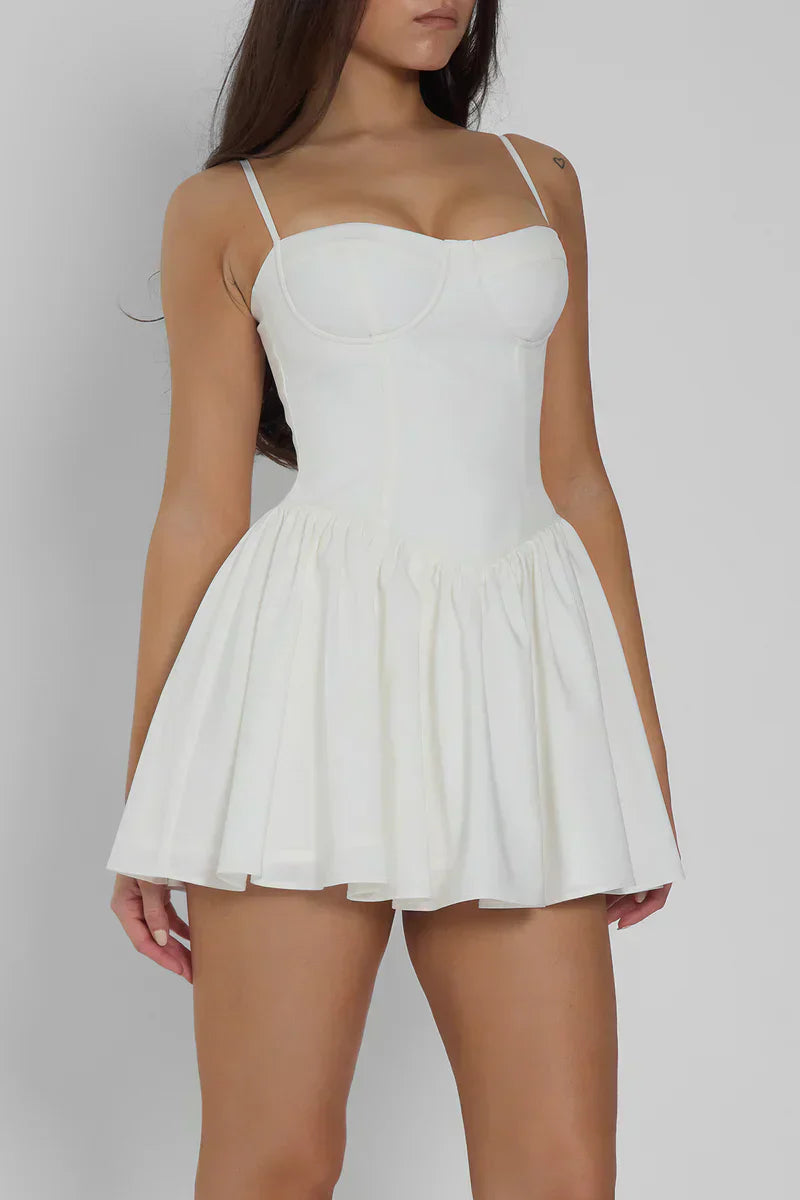 White Bustier Mini Dress with Flared Skirt
