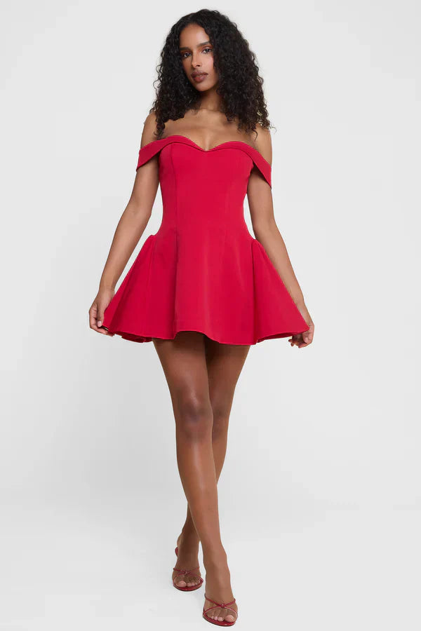 Red Corset Mini Dress with Off-Shoulder Sleeves