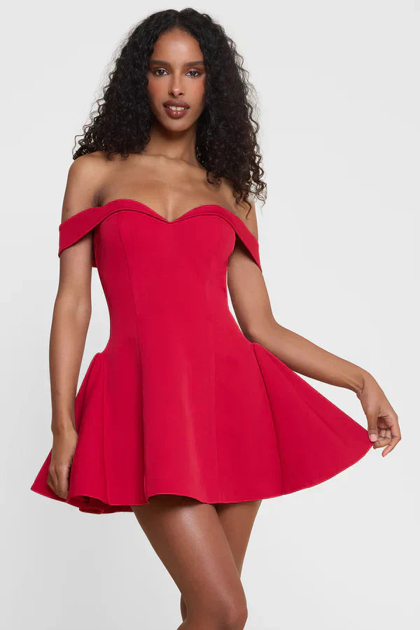Red Corset Mini Dress with Off-Shoulder Sleeves