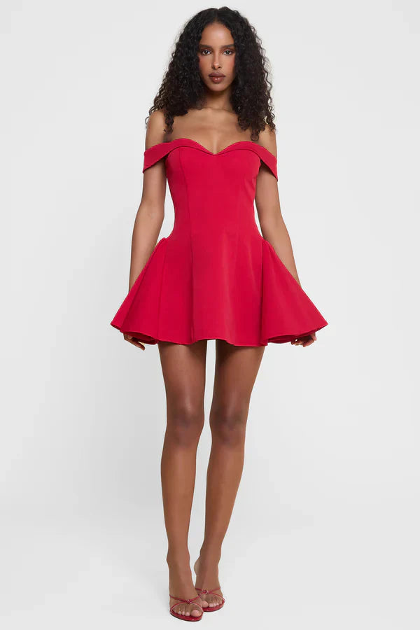 Red Corset Mini Dress with Off-Shoulder Sleeves