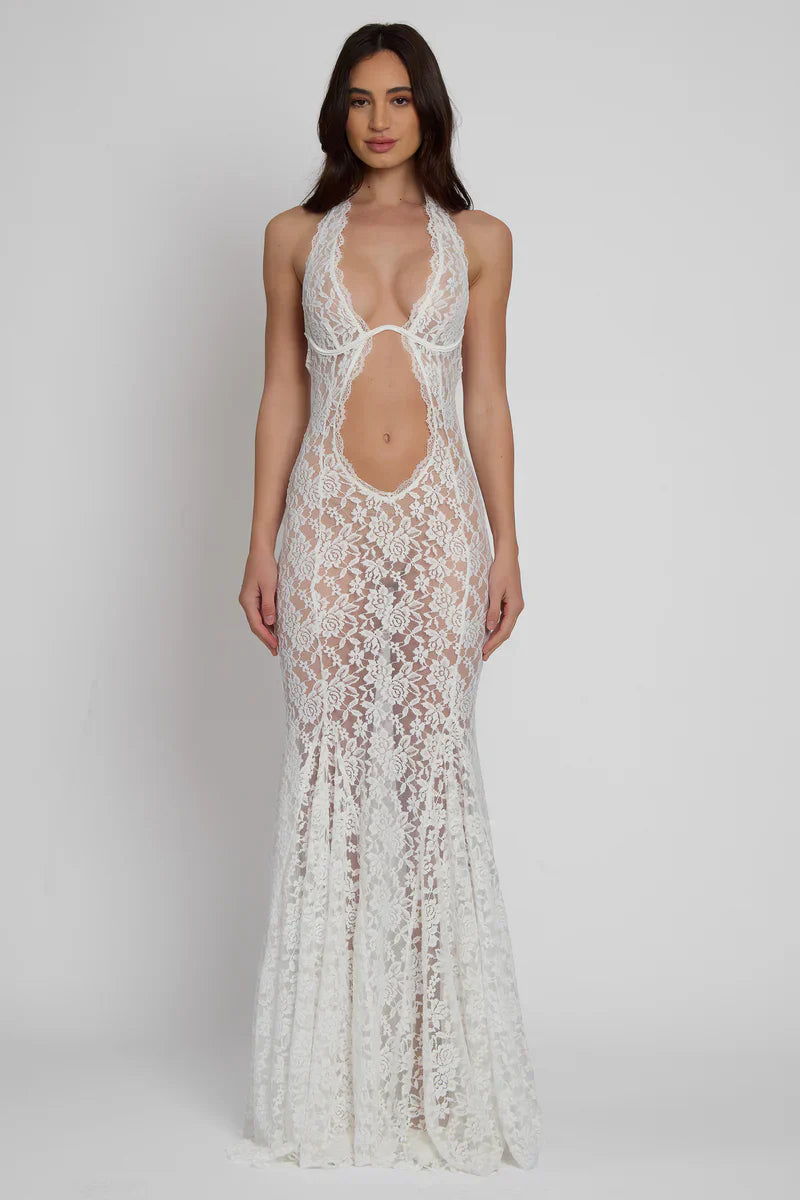 White Bustier Maxi Dress with Fitted Waist and Flared Skirt