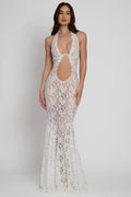 White Bustier Maxi Dress with Fitted Waist and Flared Skirt