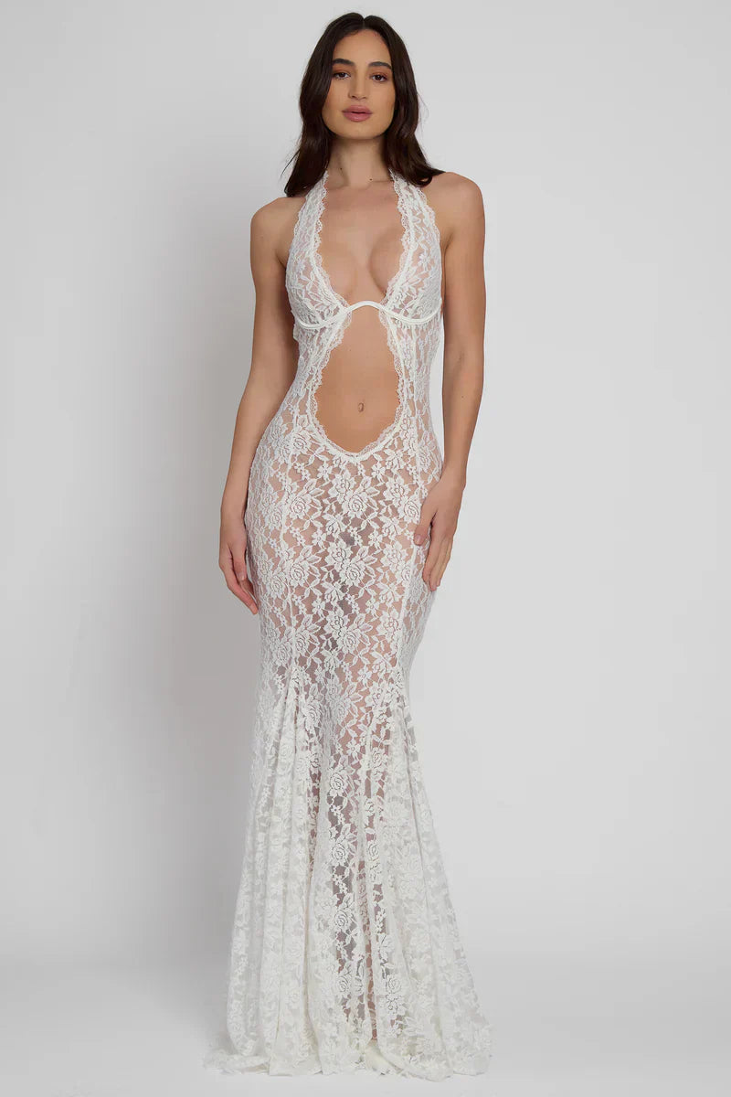White Bustier Maxi Dress with Fitted Waist and Flared Skirt