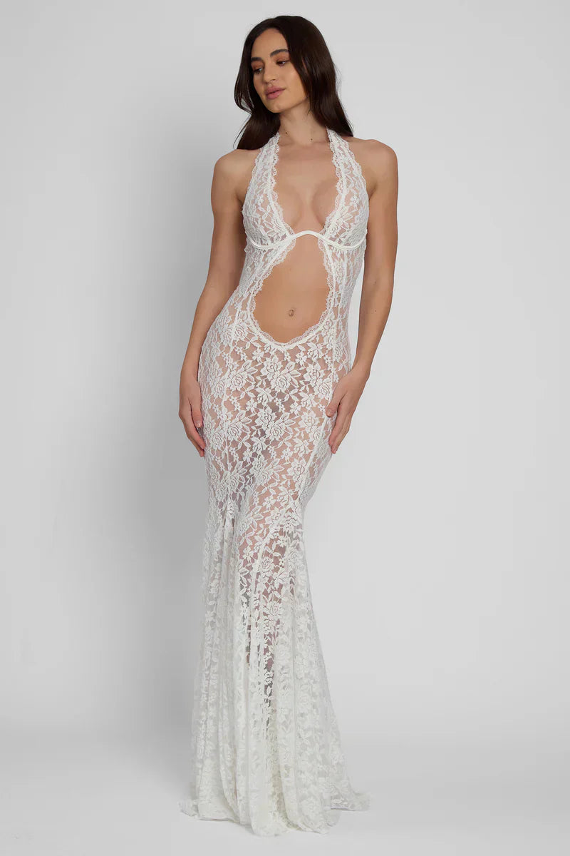 White Bustier Maxi Dress with Fitted Waist and Flared Skirt