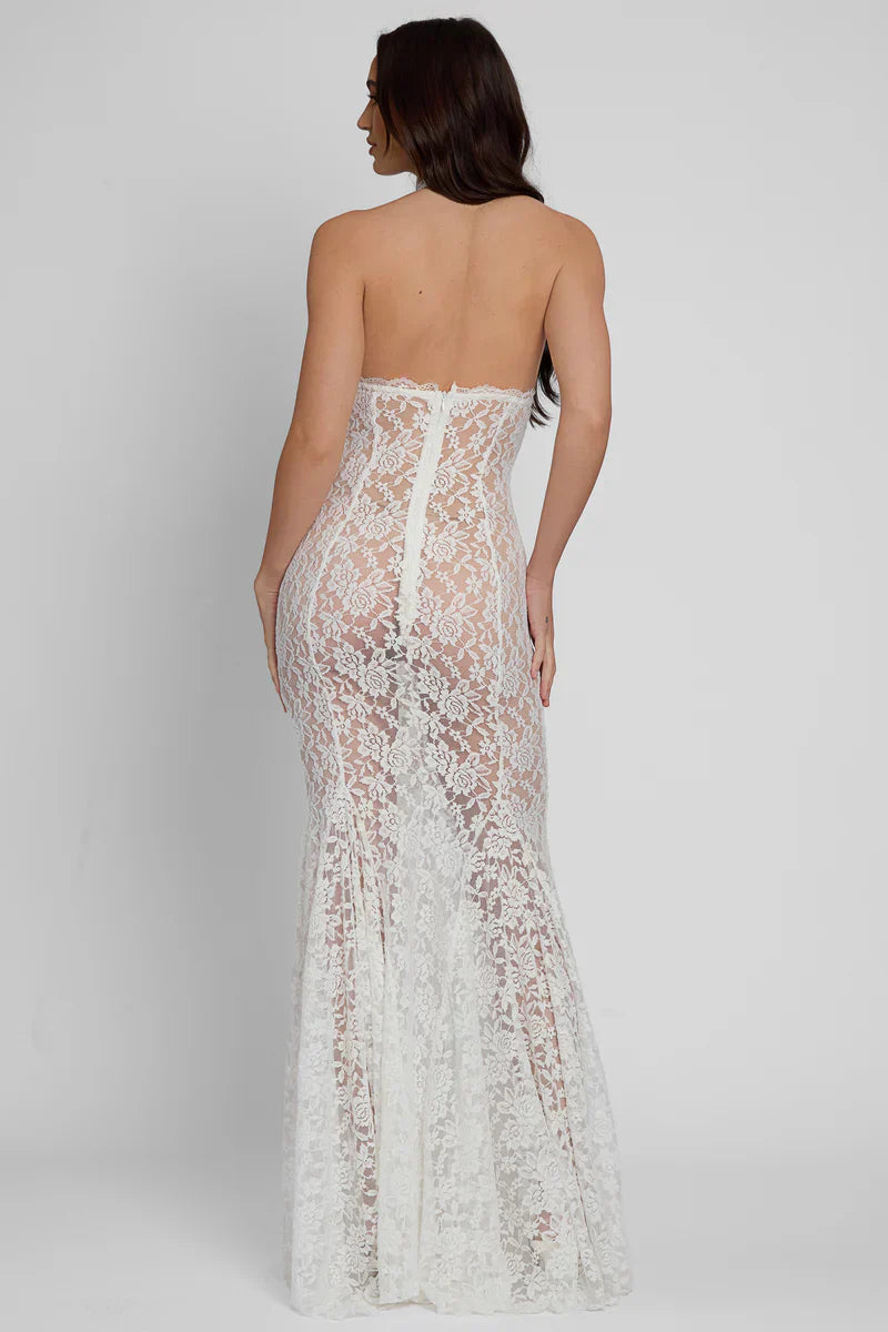 White Bustier Maxi Dress with Fitted Waist and Flared Skirt