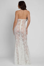 White Bustier Maxi Dress with Fitted Waist and Flared Skirt