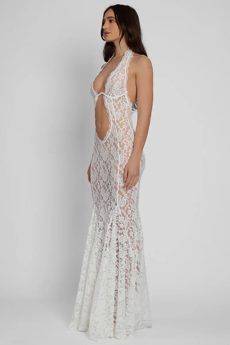 White Bustier Maxi Dress with Fitted Waist and Flared Skirt