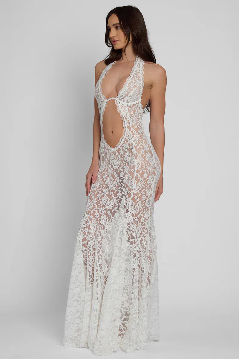 White Bustier Maxi Dress with Fitted Waist and Flared Skirt