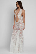 White Bustier Maxi Dress with Fitted Waist and Flared Skirt