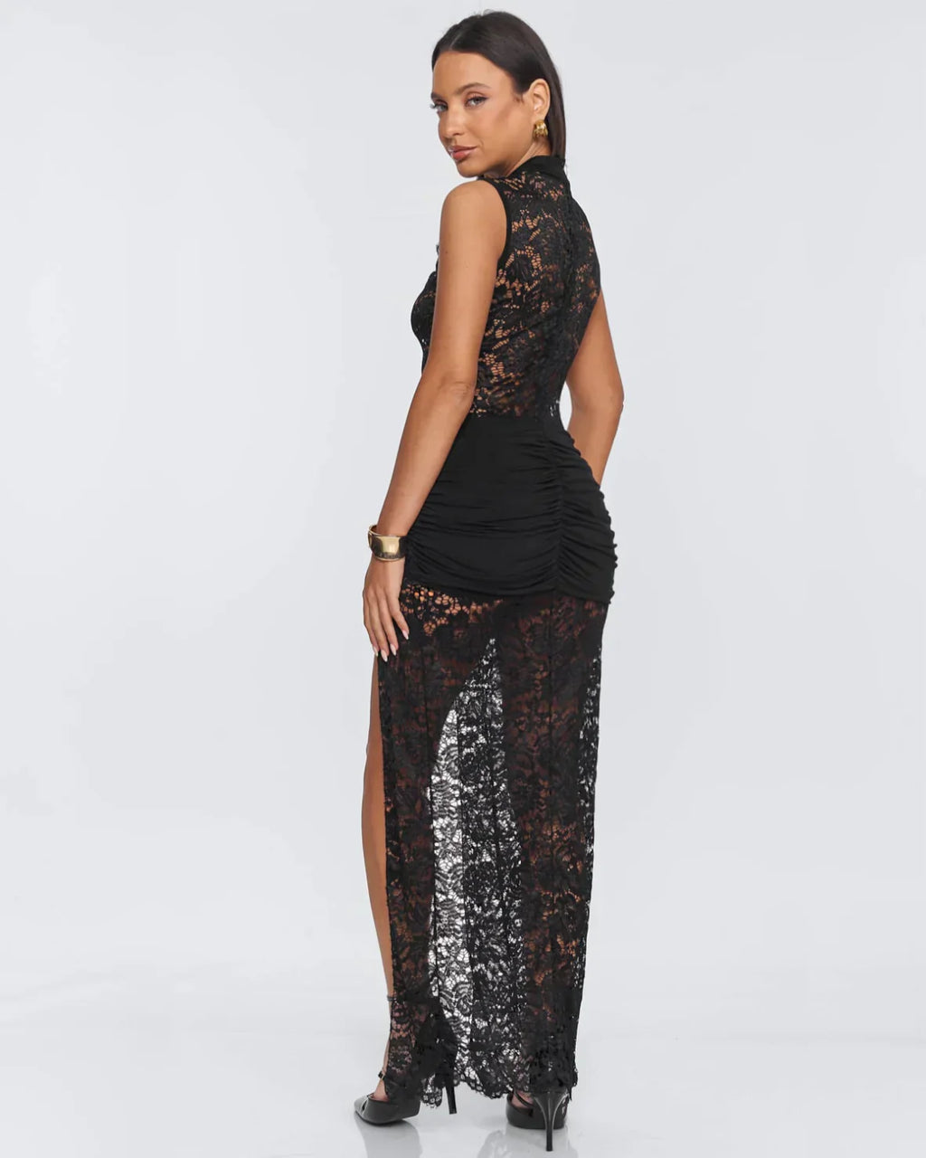 Black Lace Maxi Dress with Thigh High Slit