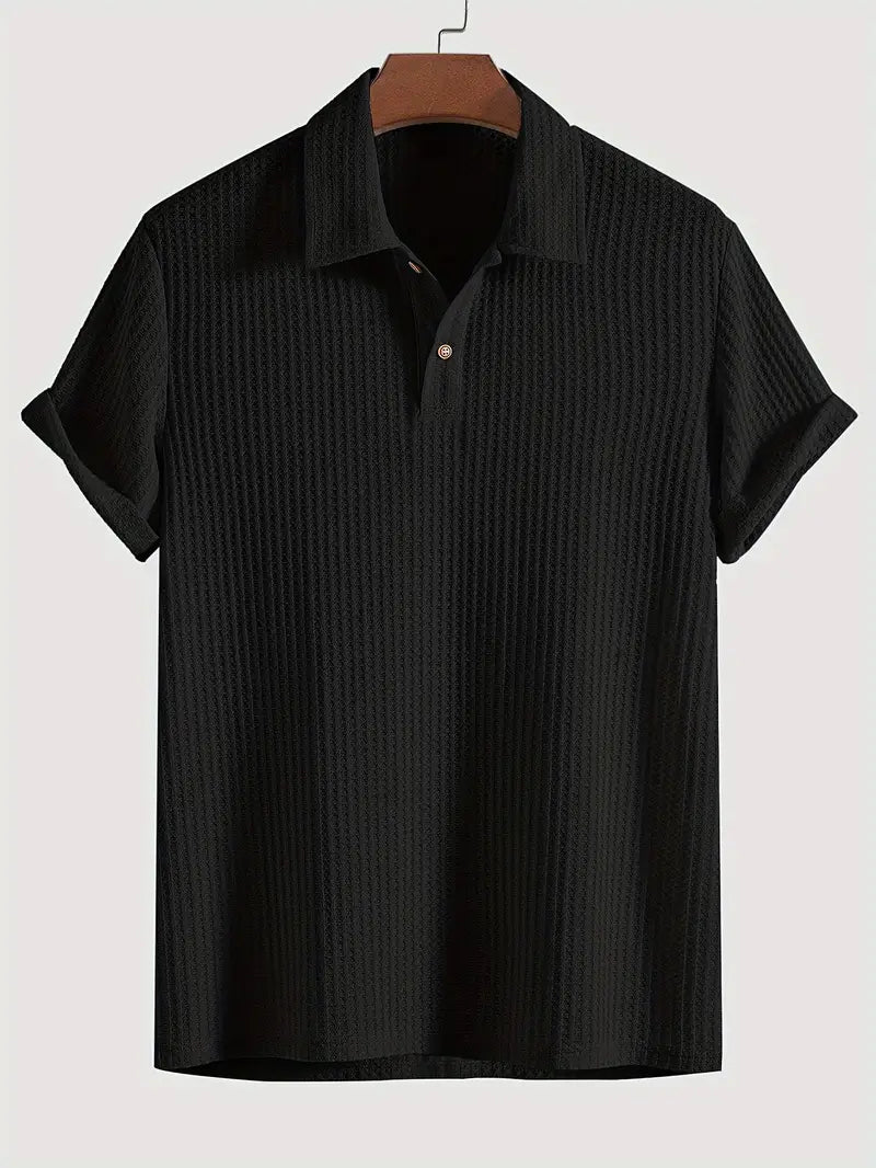Men's Ribbed Knit Polo Shirt with Button Placket