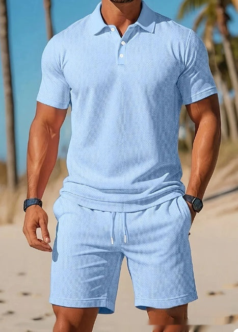 Men's Ribbed Knit Polo Set with Drawstring Shorts