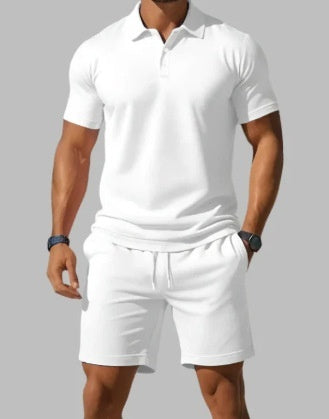 Men's Ribbed Knit Polo Set with Drawstring Shorts