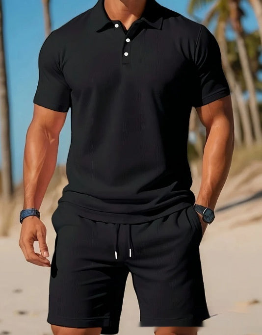 Men's Ribbed Knit Polo Set with Drawstring Shorts