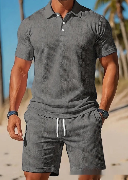 Men's Ribbed Knit Polo Set with Drawstring Shorts