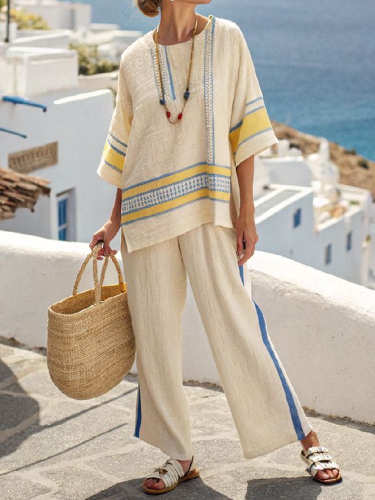 Women's Boho Linen Set with Wide-Leg Trousers