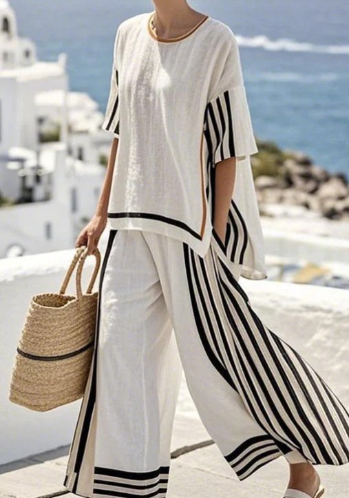 Women's Boho Linen Set with Wide-Leg Trousers