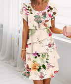 Women's Tiered Chiffon Midi Dress with Round Neck