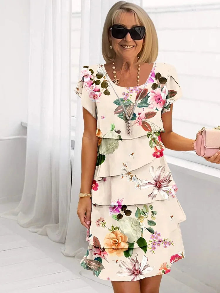 Women's Tiered Chiffon Midi Dress with Round Neck