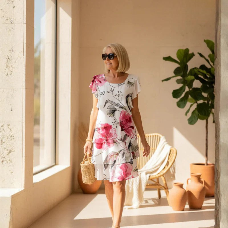 Women's Tiered Chiffon Midi Dress with Round Neck