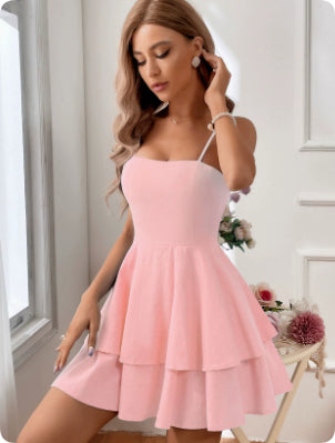 Women's Fitted Mini Dress with Square Neckline and Ruffle Skirt