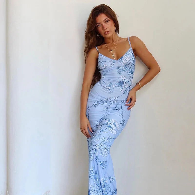 Blue Sleeveless Maxi Dress with Fixed Straps