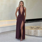 Brown Maxi Dress with Halter Neck and Side Split