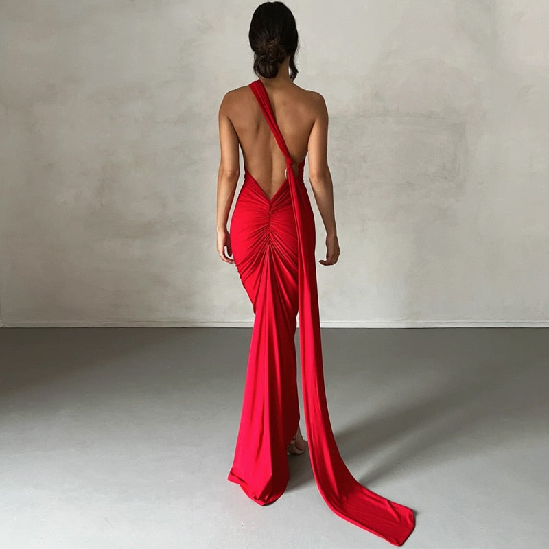 Red Floral Lace Maxi Dress with Long Sleeves