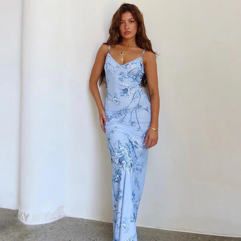 Blue Sleeveless Maxi Dress with Fixed Straps
