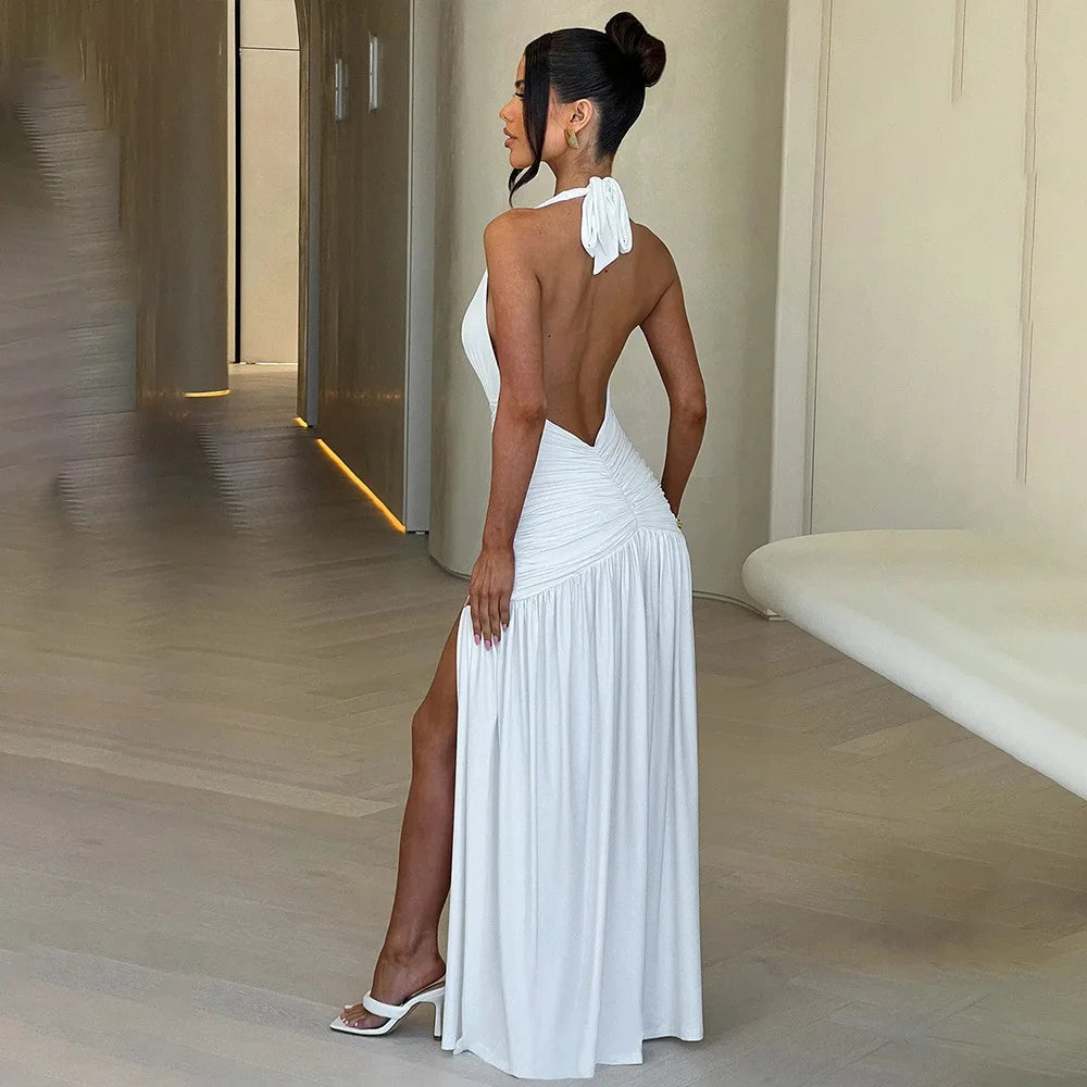 White Maxi Dress – Halter Neck – Ruched Bodice – Side Split – Women’s Evening Style