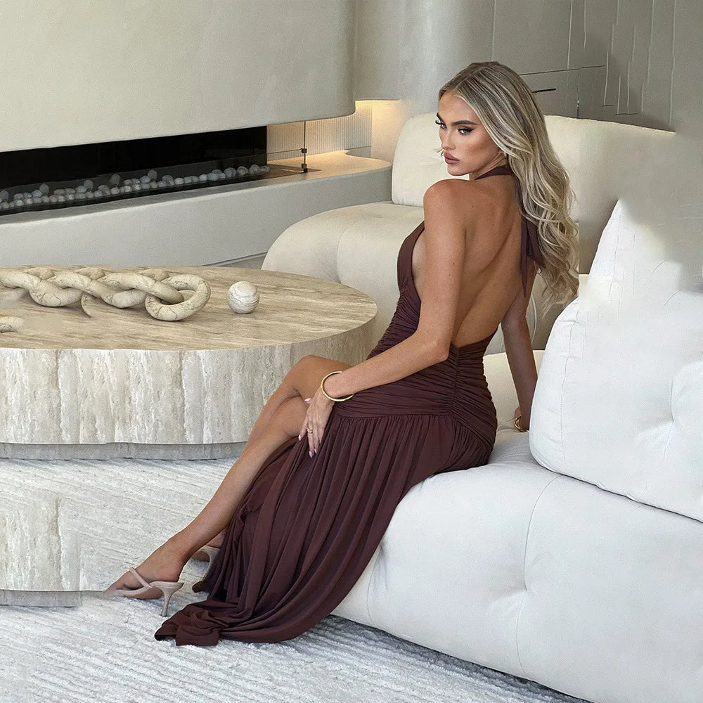 Brown Maxi Dress with Halter Neck and Side Split