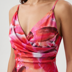 Women's Satin Midi Dress with Draped V-Neck and Spaghetti Straps