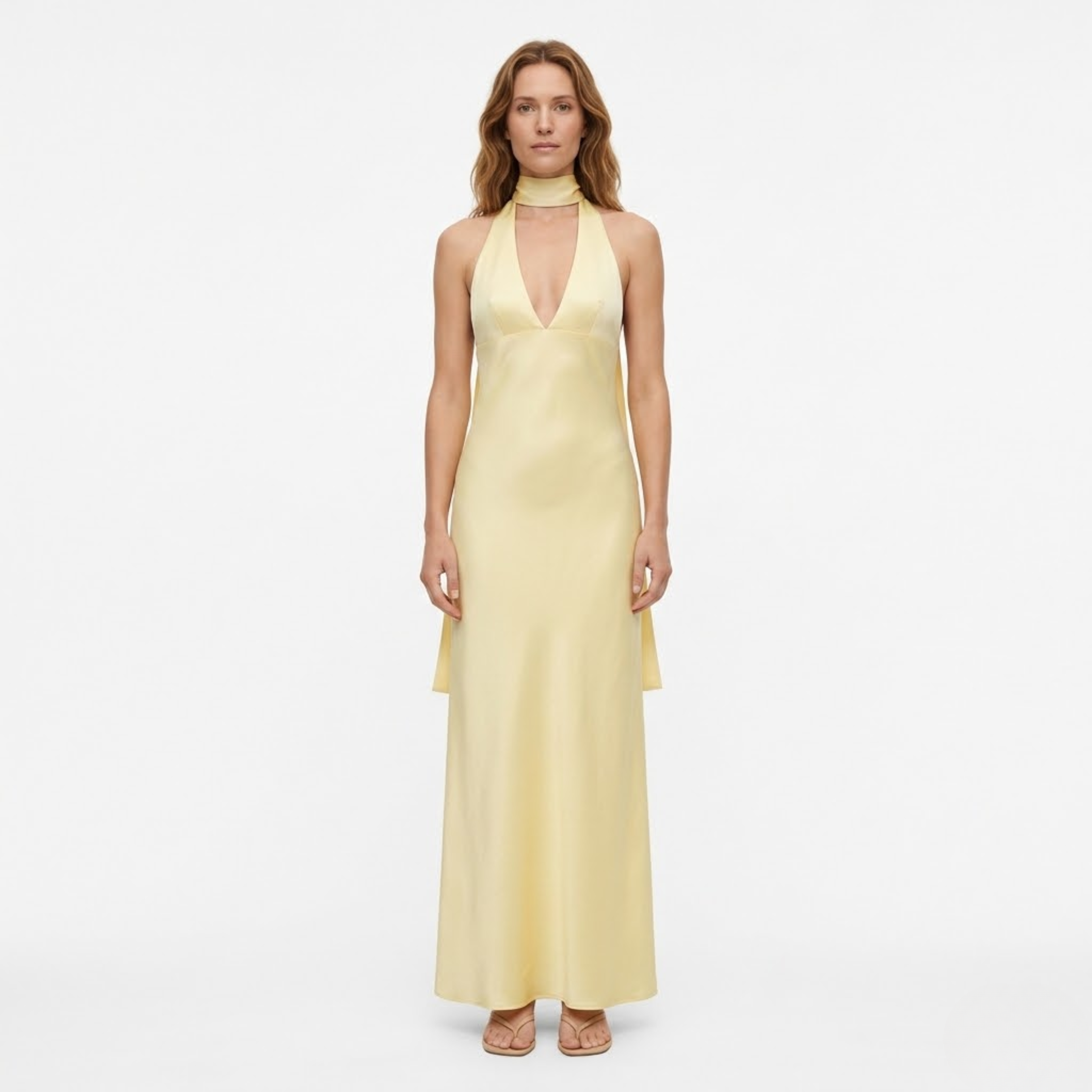 Women's Satin Halter Maxi Dress with Open Back