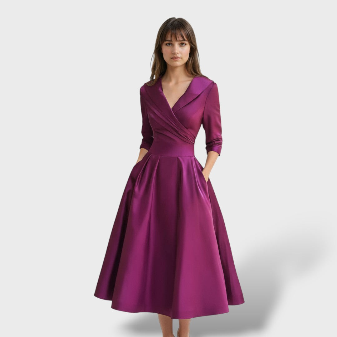 Women's Satin Fit-and-Flare Midi Dress with Side Pockets