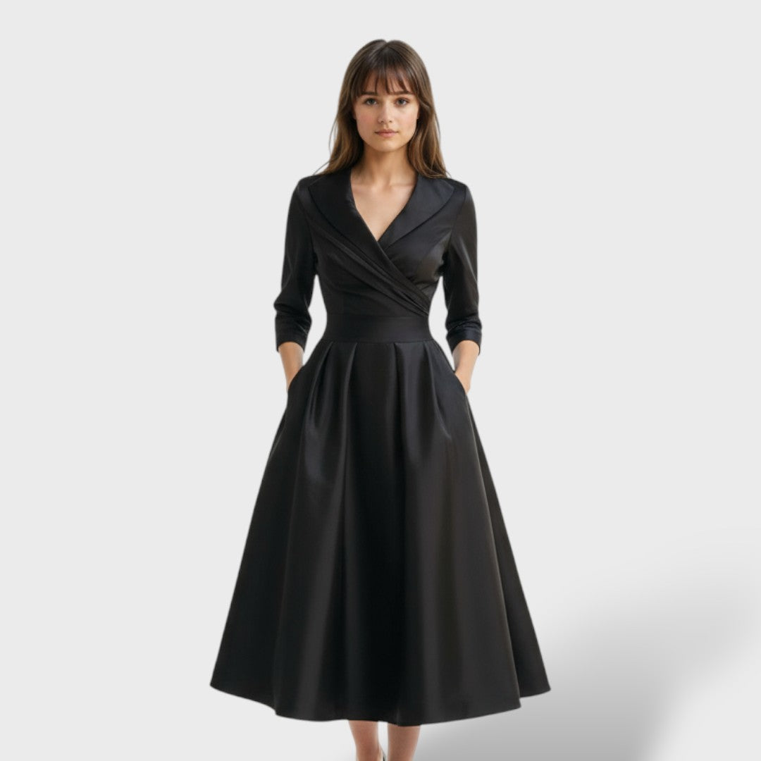Women's Satin Fit-and-Flare Midi Dress with Side Pockets