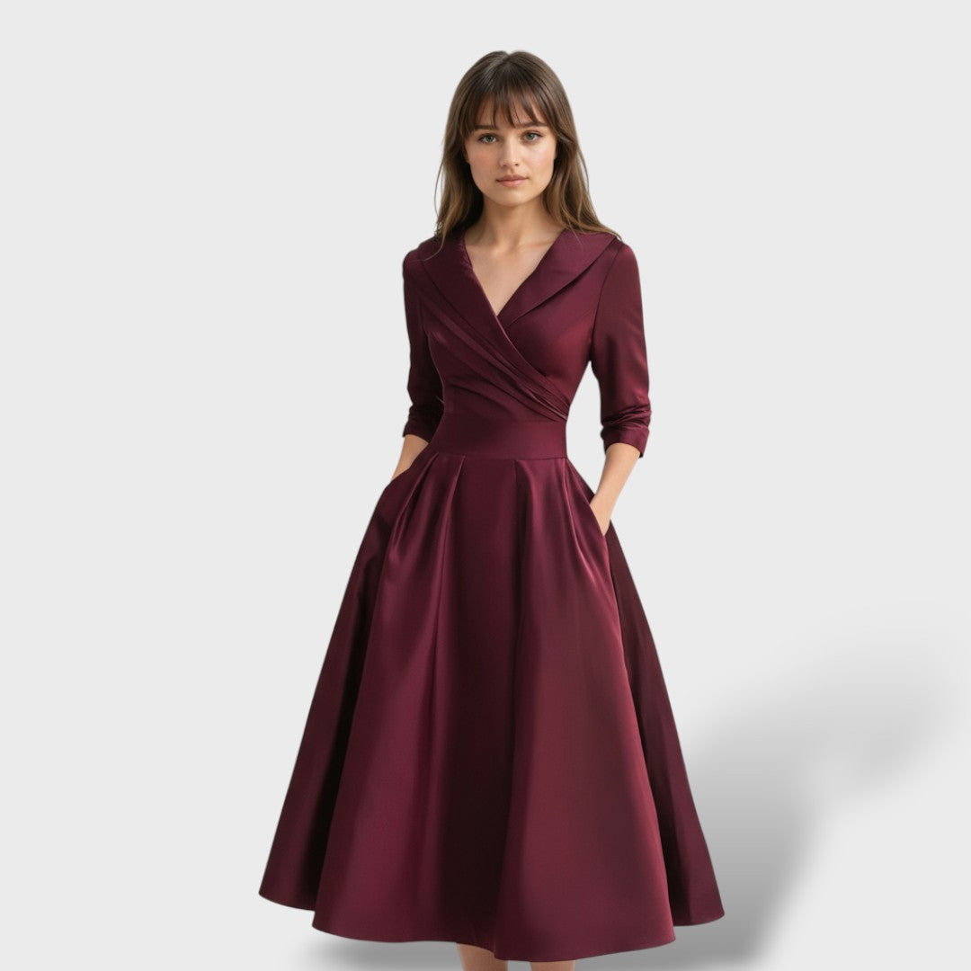 Women's Satin Fit-and-Flare Midi Dress with Side Pockets