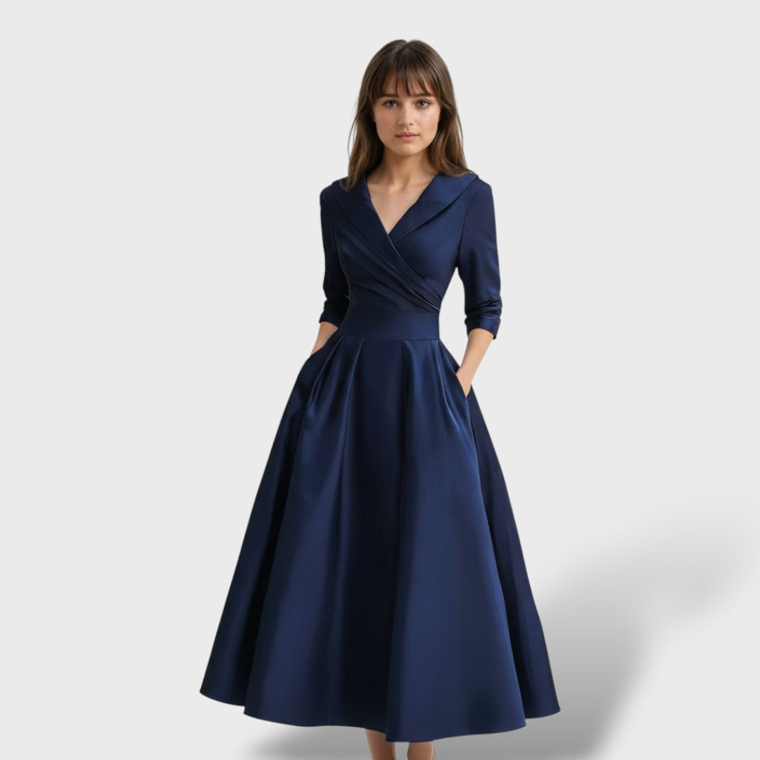 Women's Satin Fit-and-Flare Midi Dress with Side Pockets