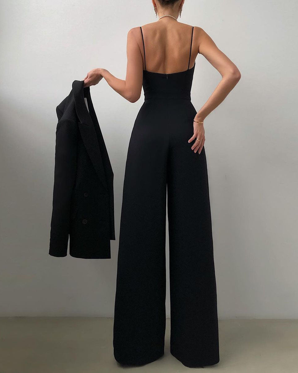 Women's Satin High-Waist Jumpsuit with Pleated Wide Leg